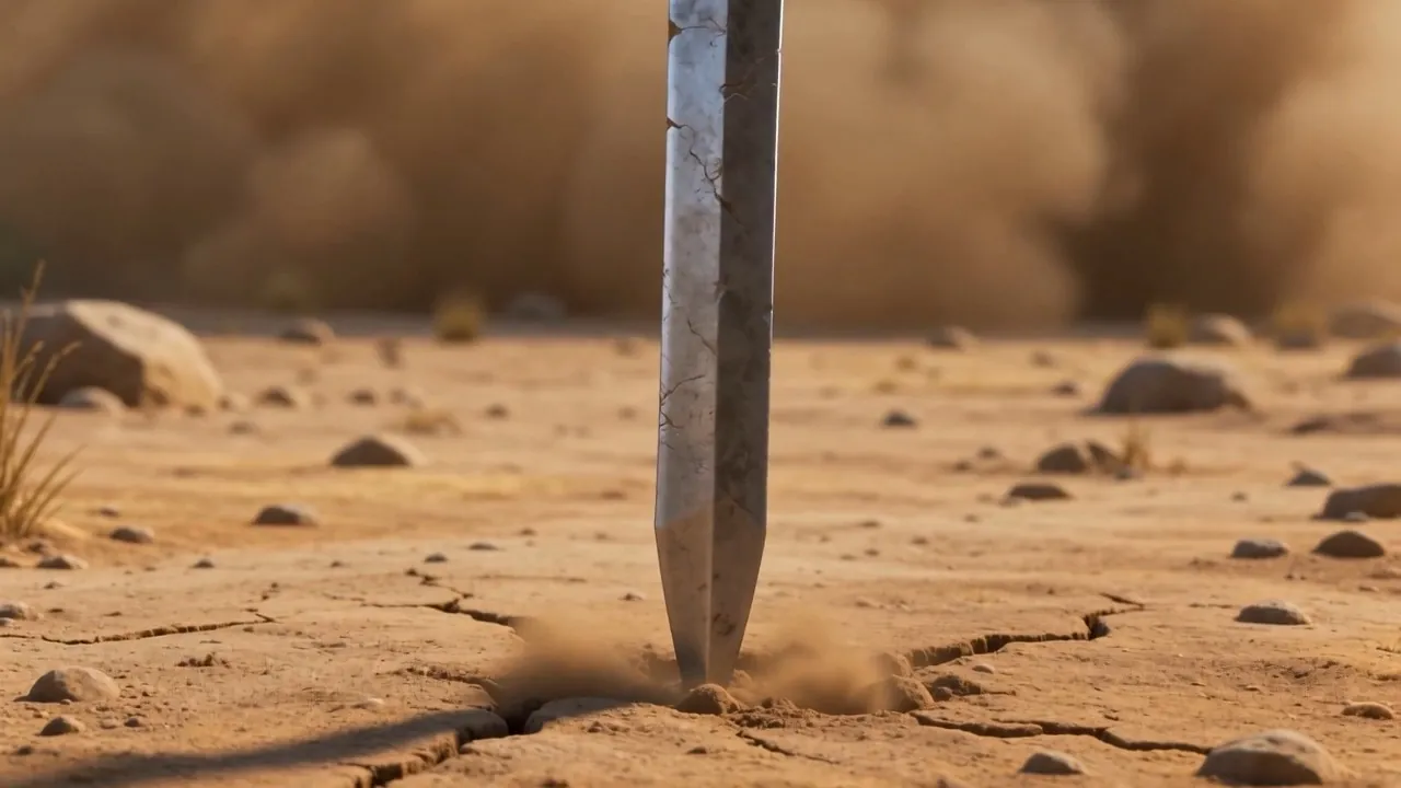 A sword standing upright in the dirt afterwards