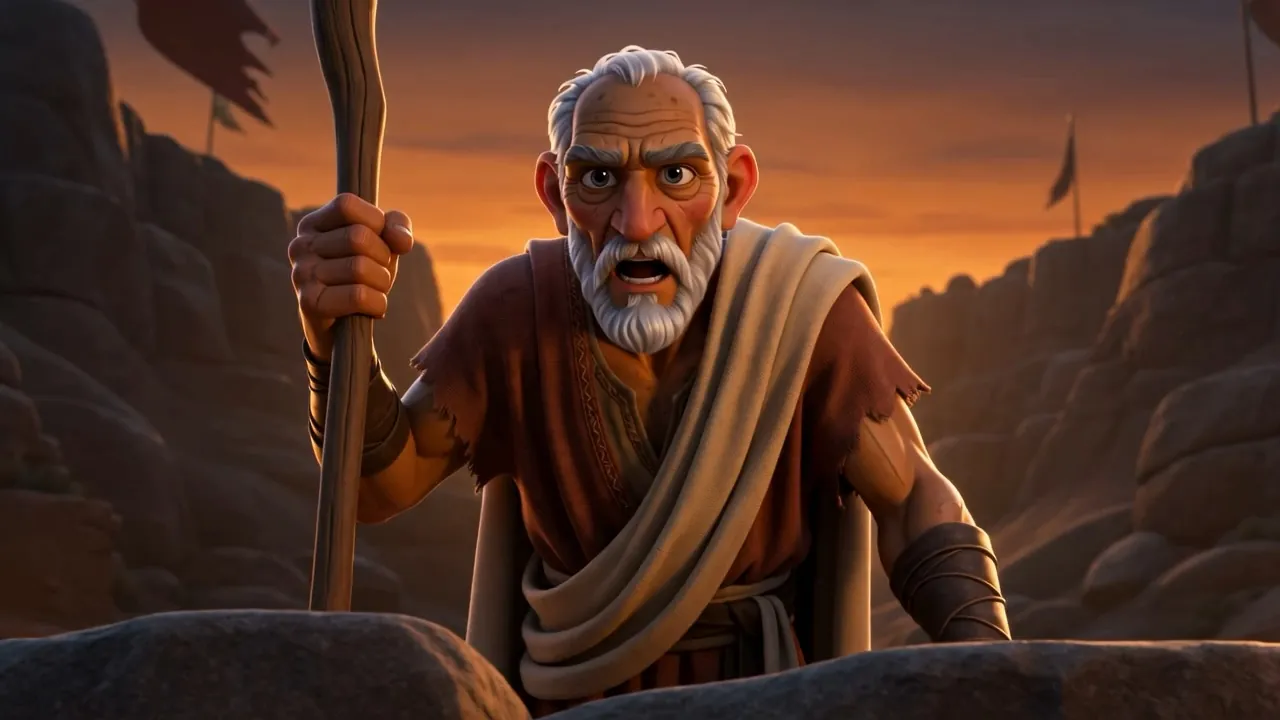An old man with a staff stands above them