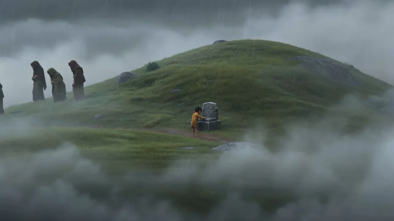 A green hill in the rain, a line of mourners walking away