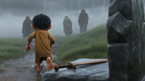 A boy running from a grave marker in the rain, leaving a wooden sword behind