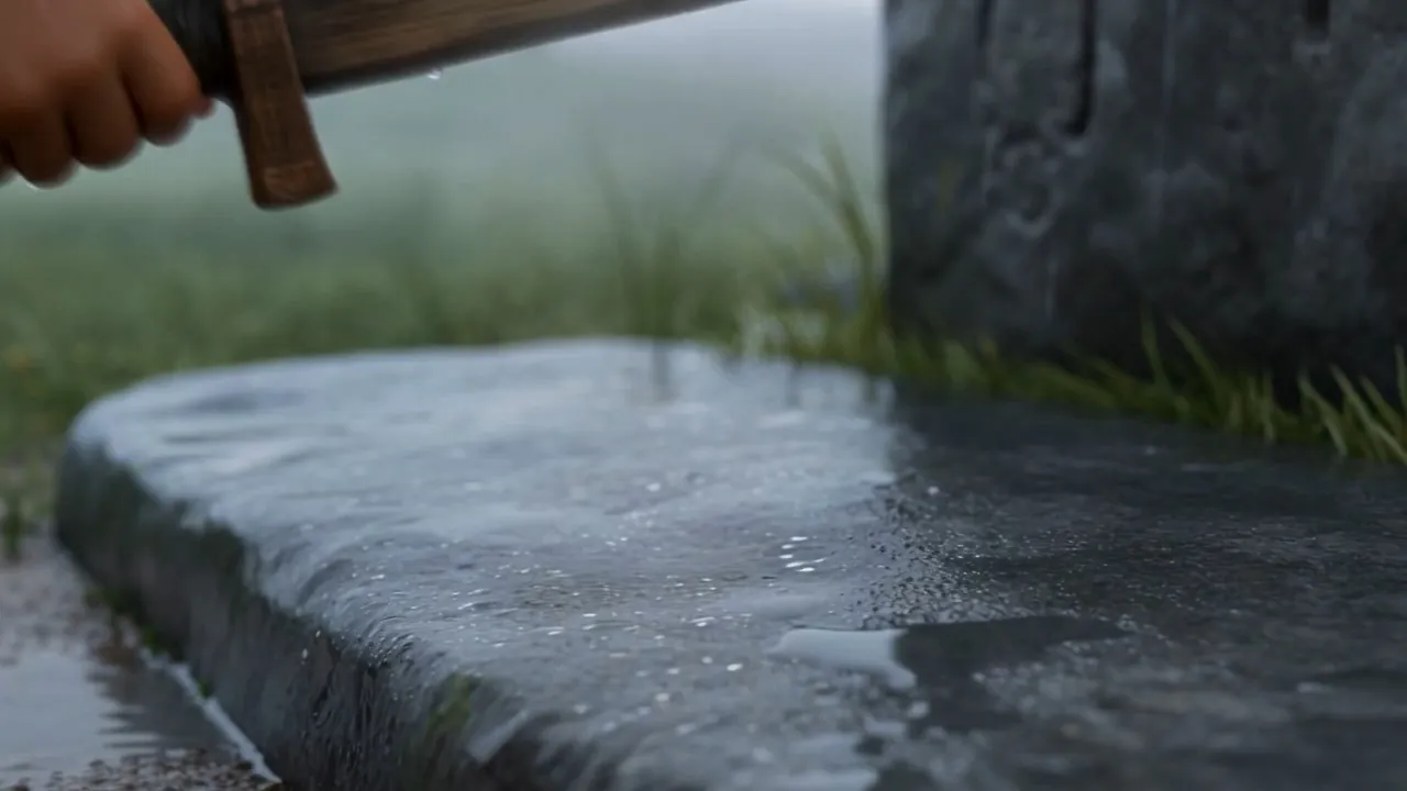Rain running off the wooden blade