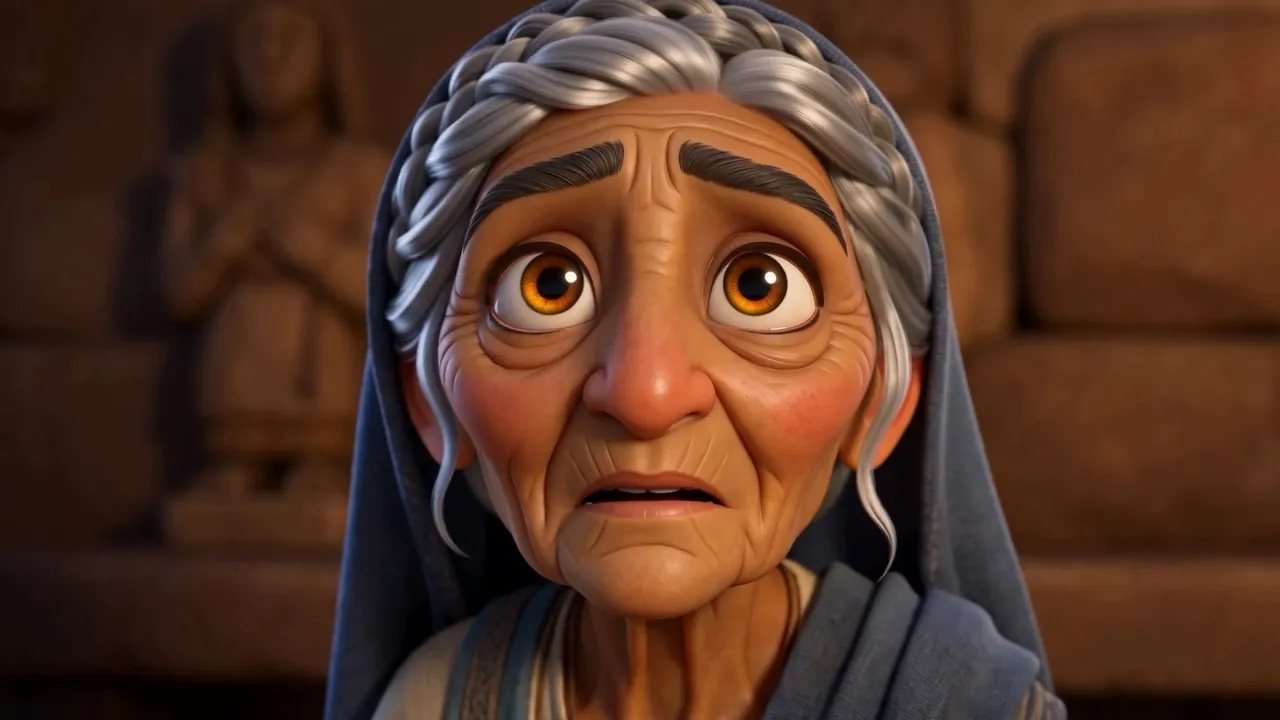The grandmother looking at the shelf, not eating