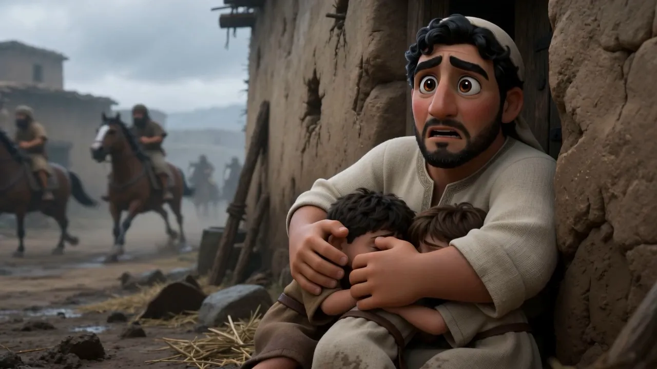 A father holds two children against a wall