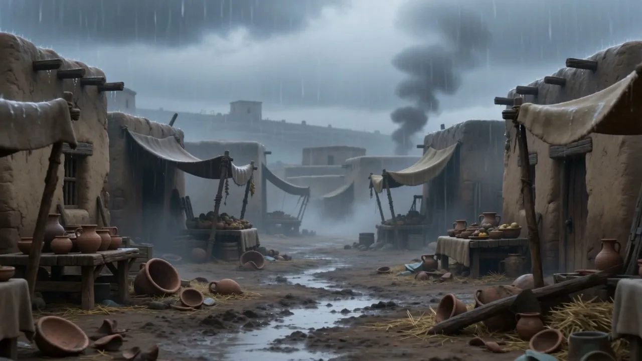 The wrecked market in grey rain