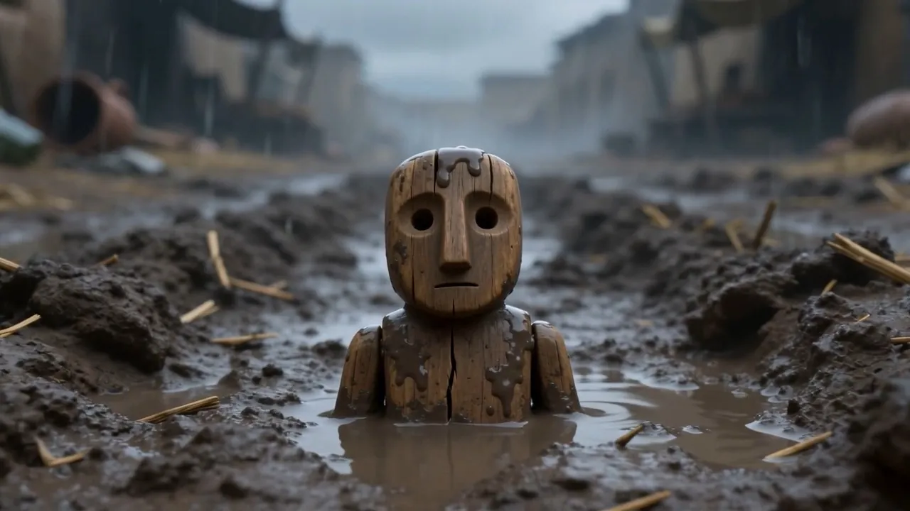 Its blank wooden face, rain hitting it