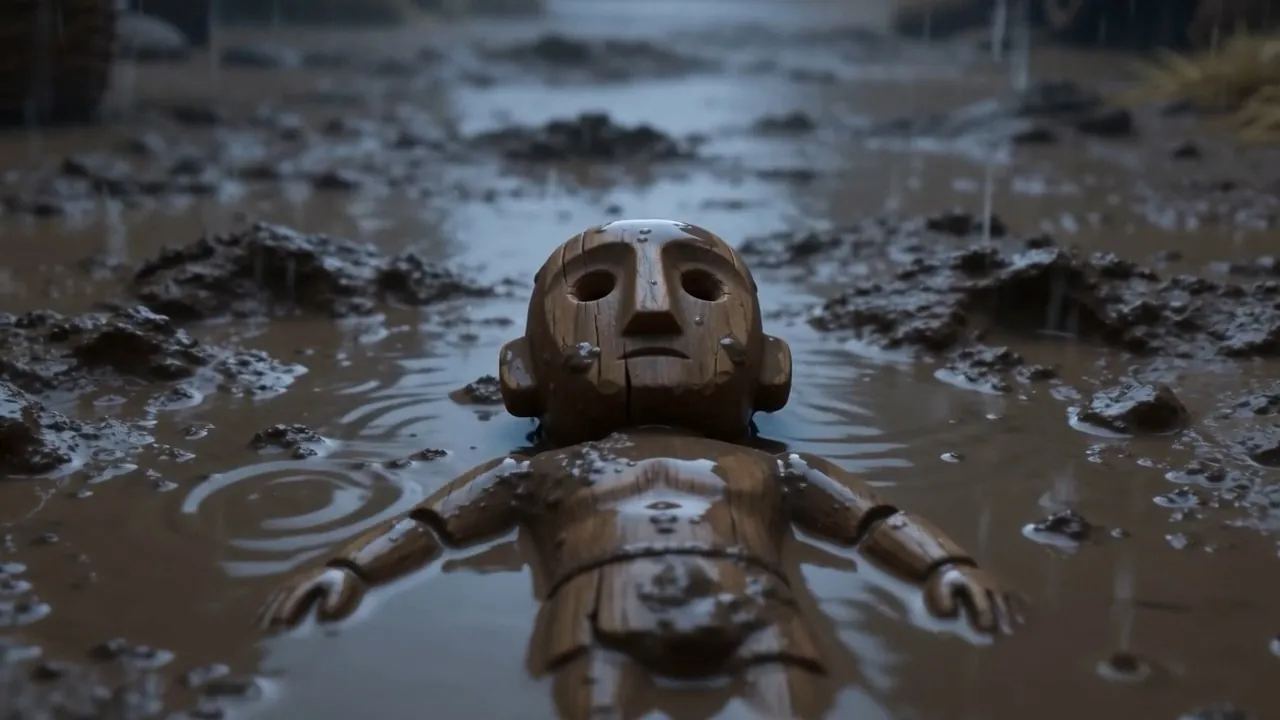 The carved figure, face up in the water