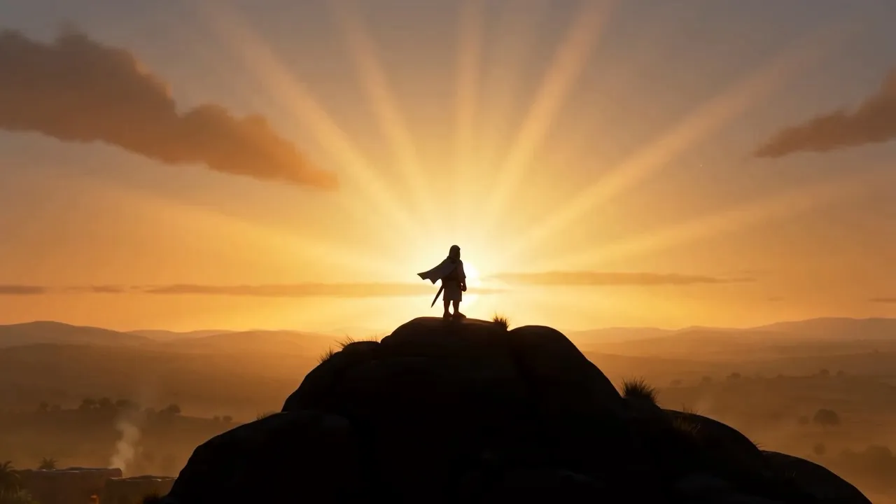 Sunrise behind a lone figure on a rock