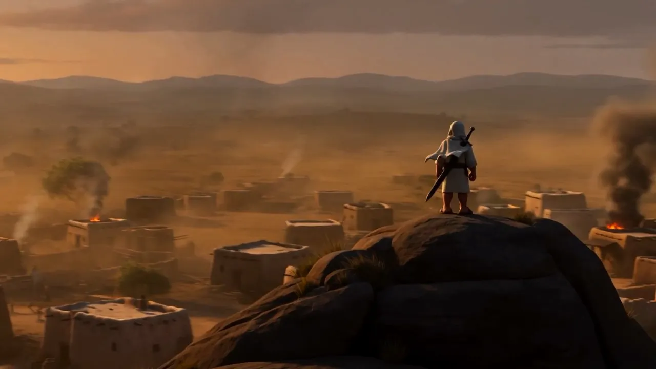 He looks down at the burnt village