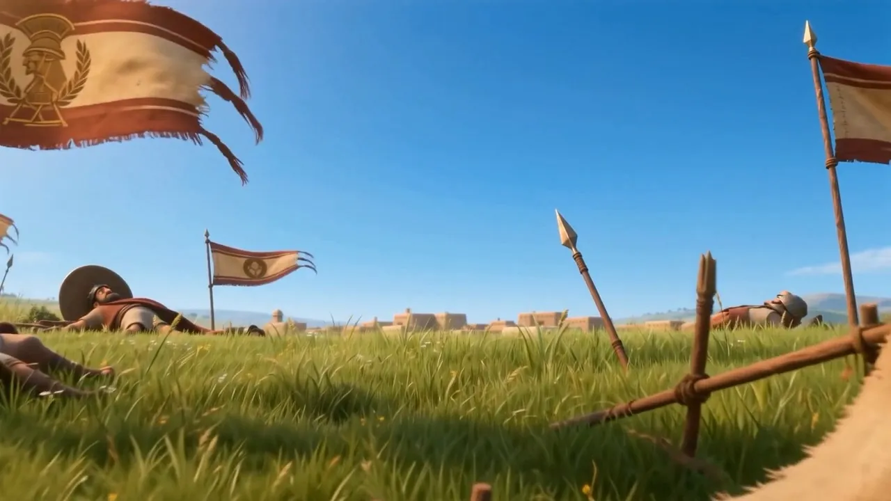 The enemy camp, abandoned, banners in the grass