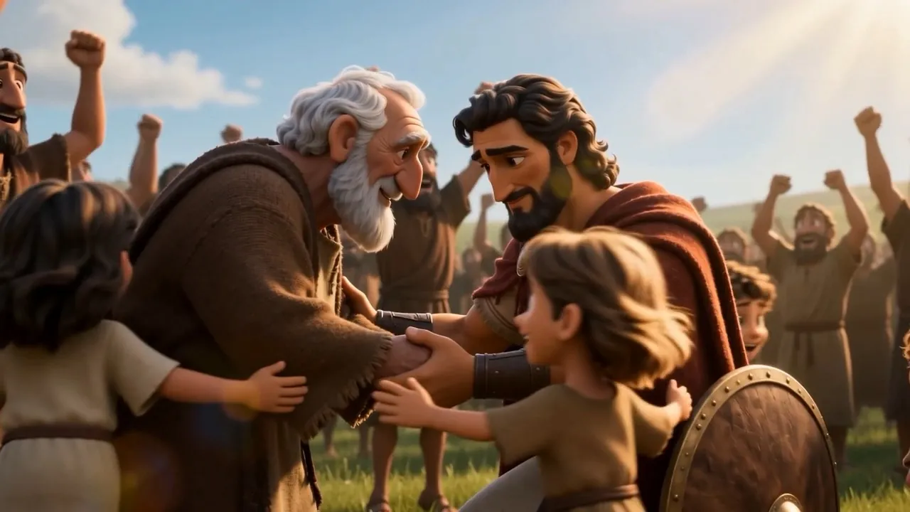 Children pushing in to touch the shield