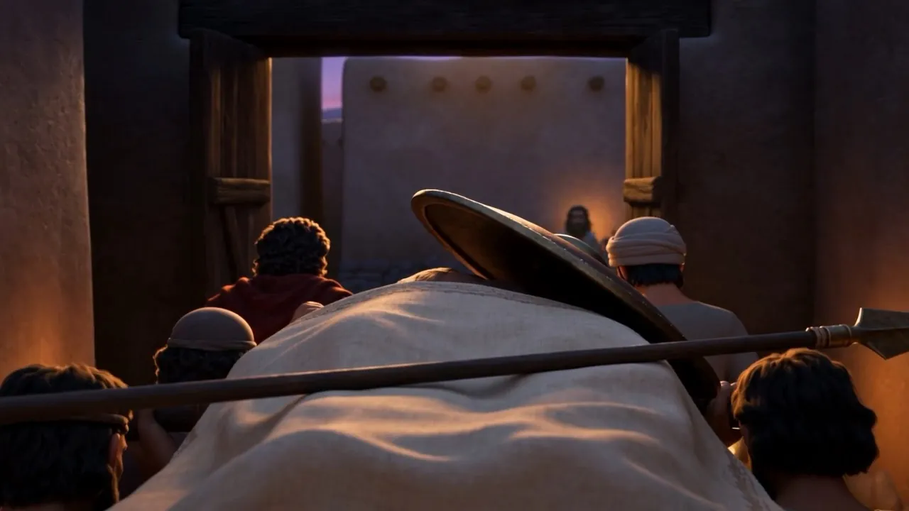 A spear laid on the covered body