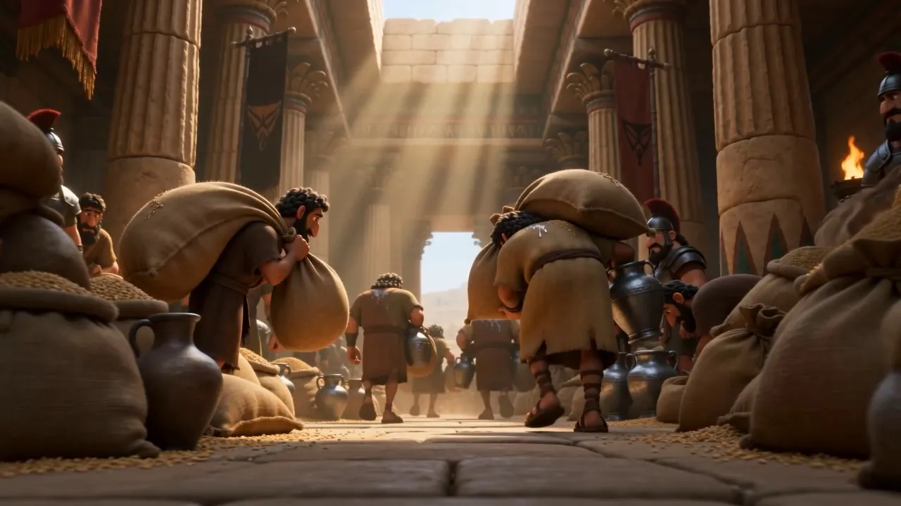 Sacks of grain hauled through a pillared hall