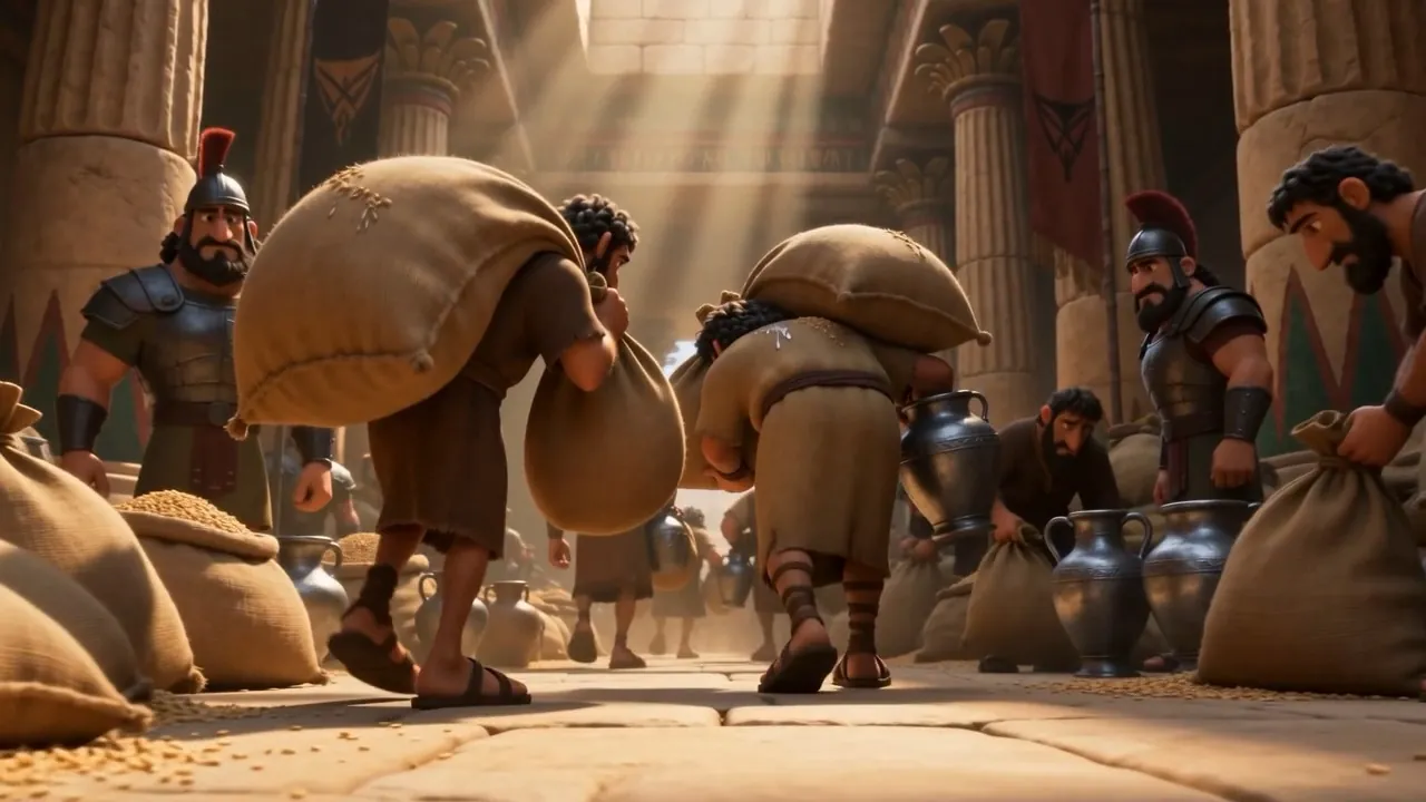 Israelite men bent double under the tribute
