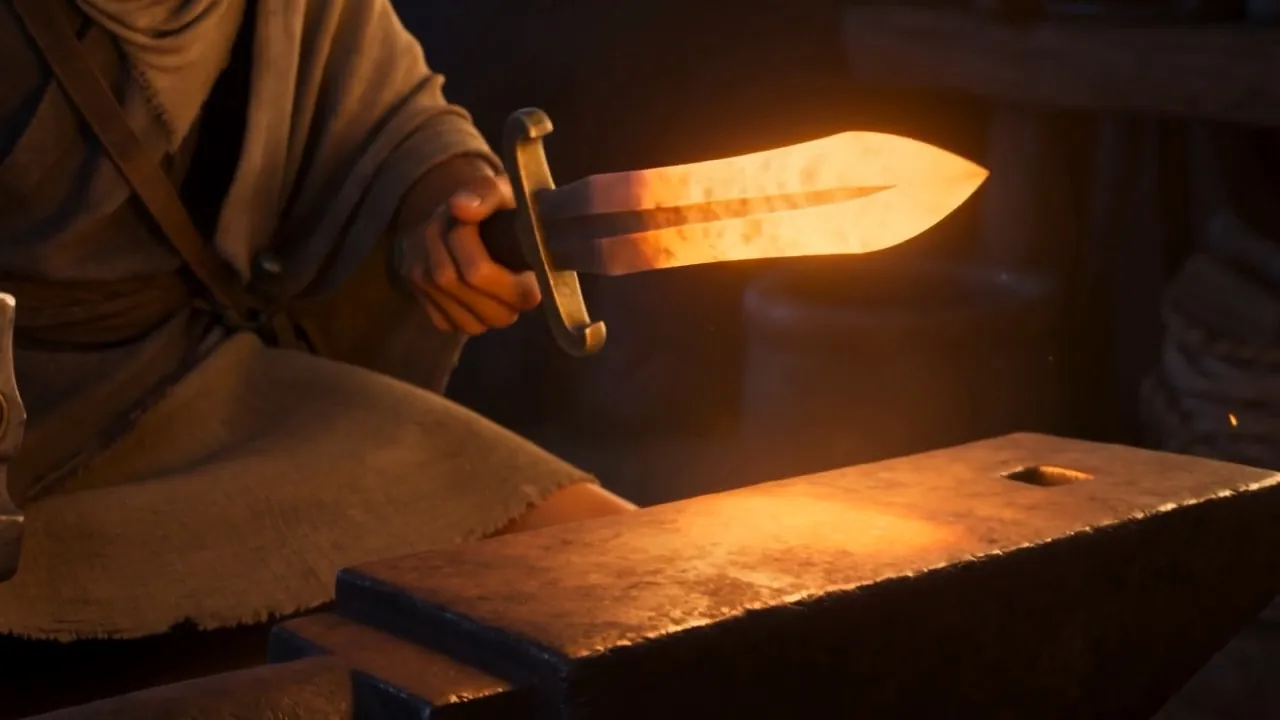 Hammer coming down on hot iron