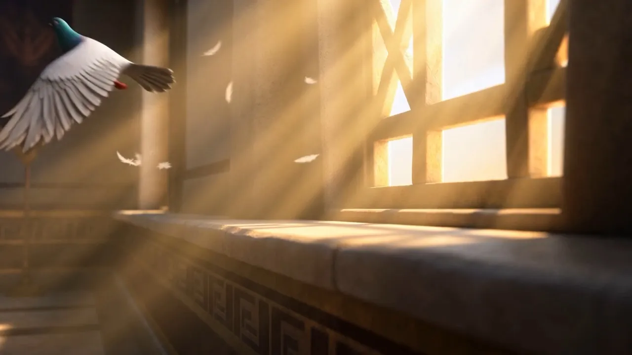A window, sunlight, a feather drifting through it