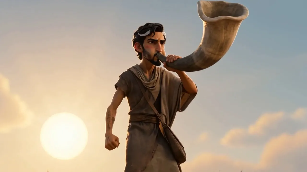 He blows it, and the sound goes over the hills