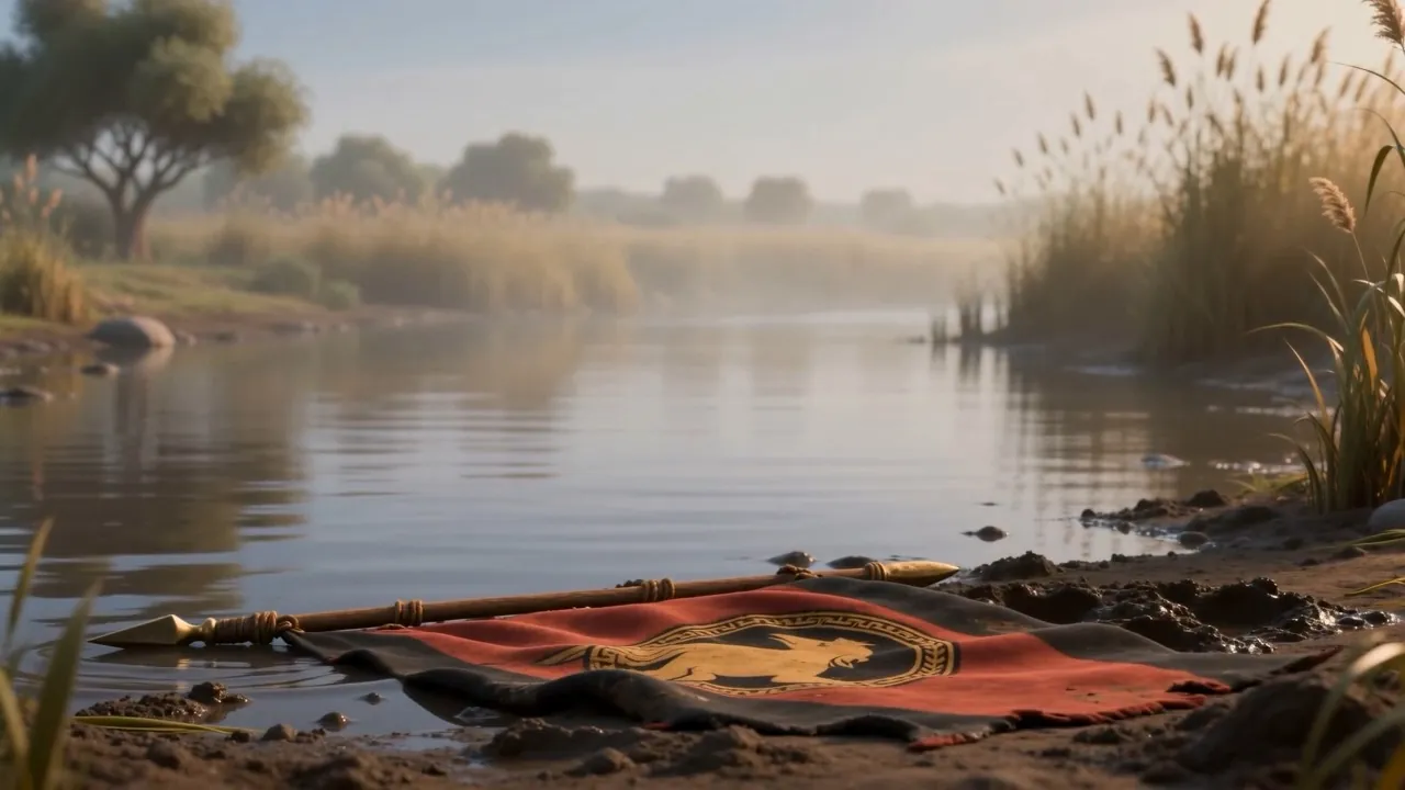 The flag lying in the shallows, and quiet