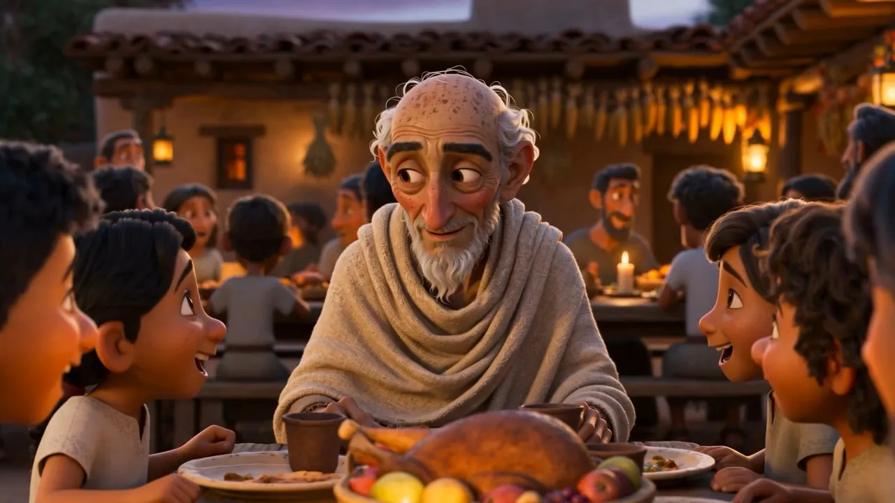 A whole village eating together outside at dusk