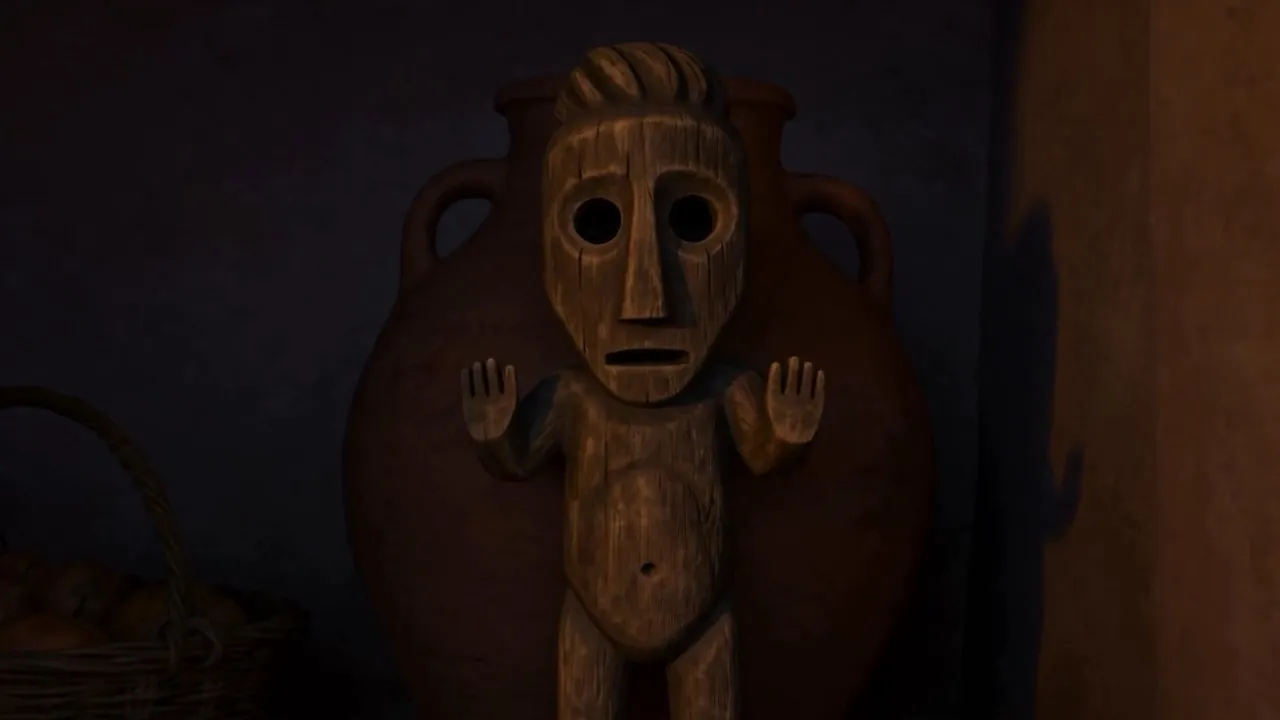 A wooden figure in the shadows, watching the party