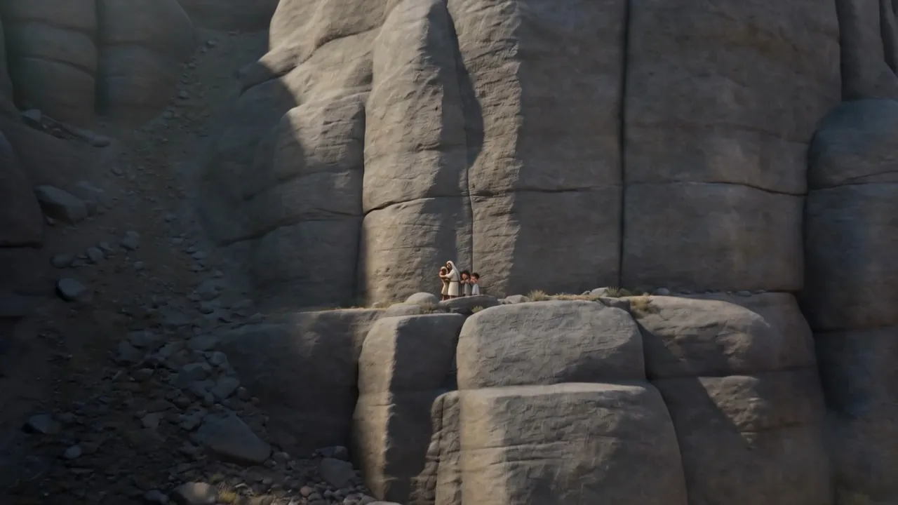 Two tiny figures on a ledge, watching it go by