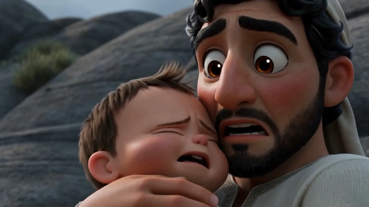 A father holds his son's face to his chest