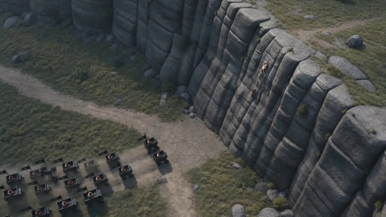 Seen from above — the road black with them
