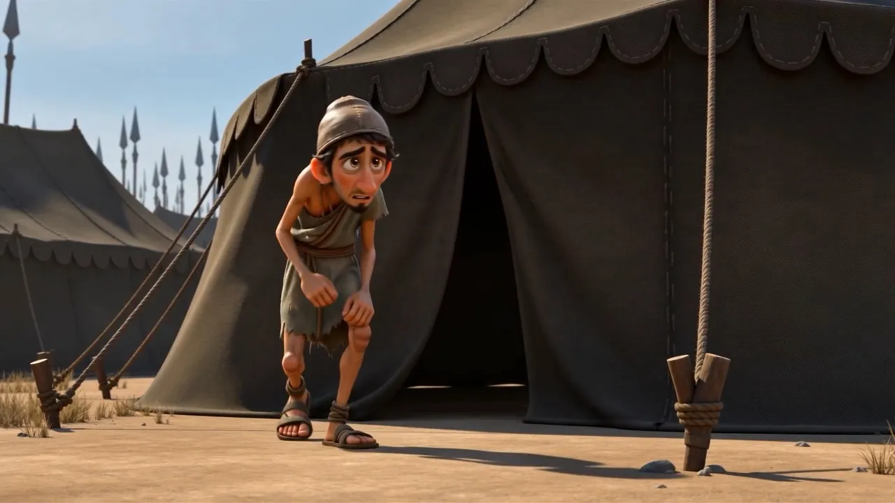 An Israelite servant creeps past behind him