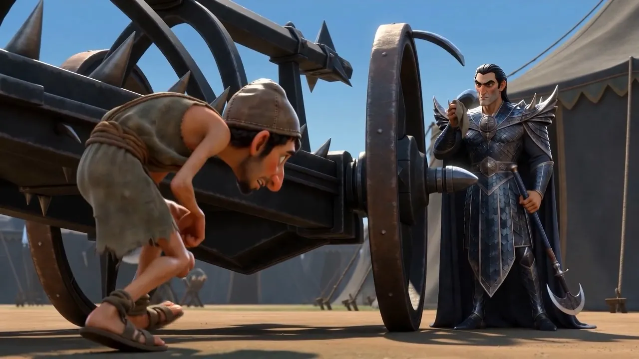 The servant hurries under the chariot's shadow