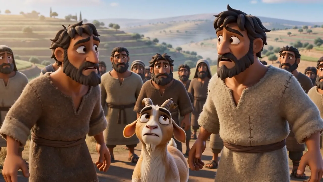 Two men arguing in front of her — with a goat