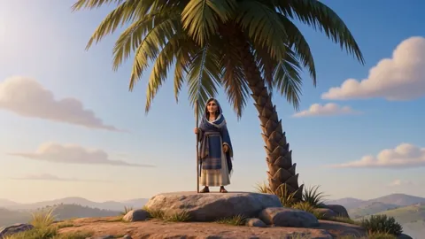 Deborah standing under her palm tree above the hill country