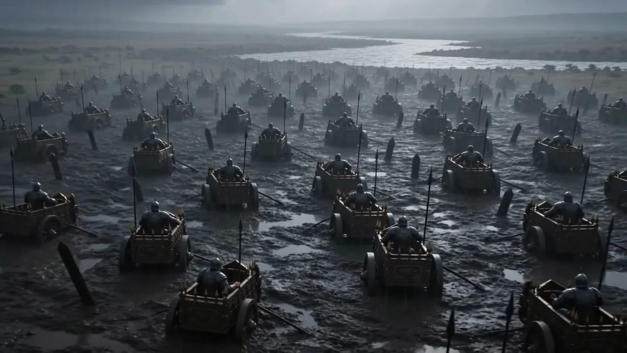 Hundreds of chariots stopped where they stand