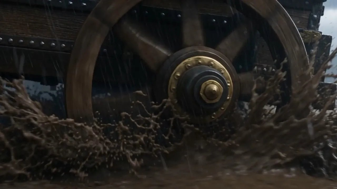 A wheel spinning uselessly, sunk to the hub