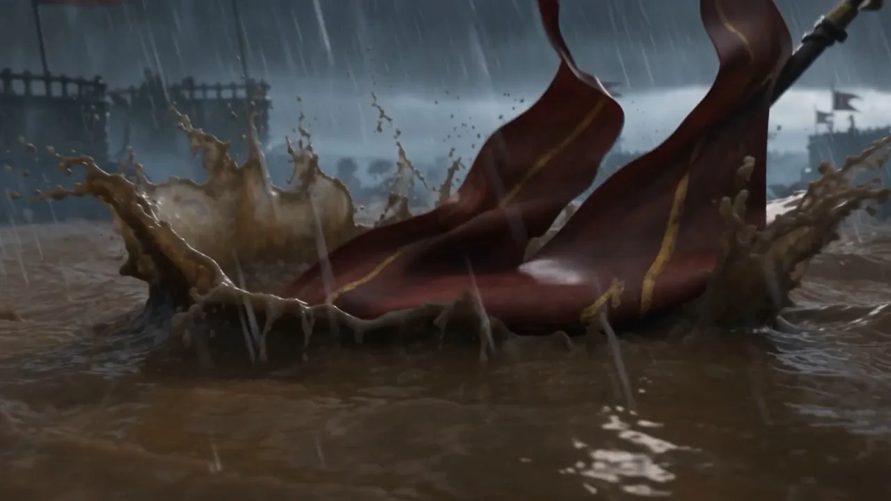 A banner goes down into the water