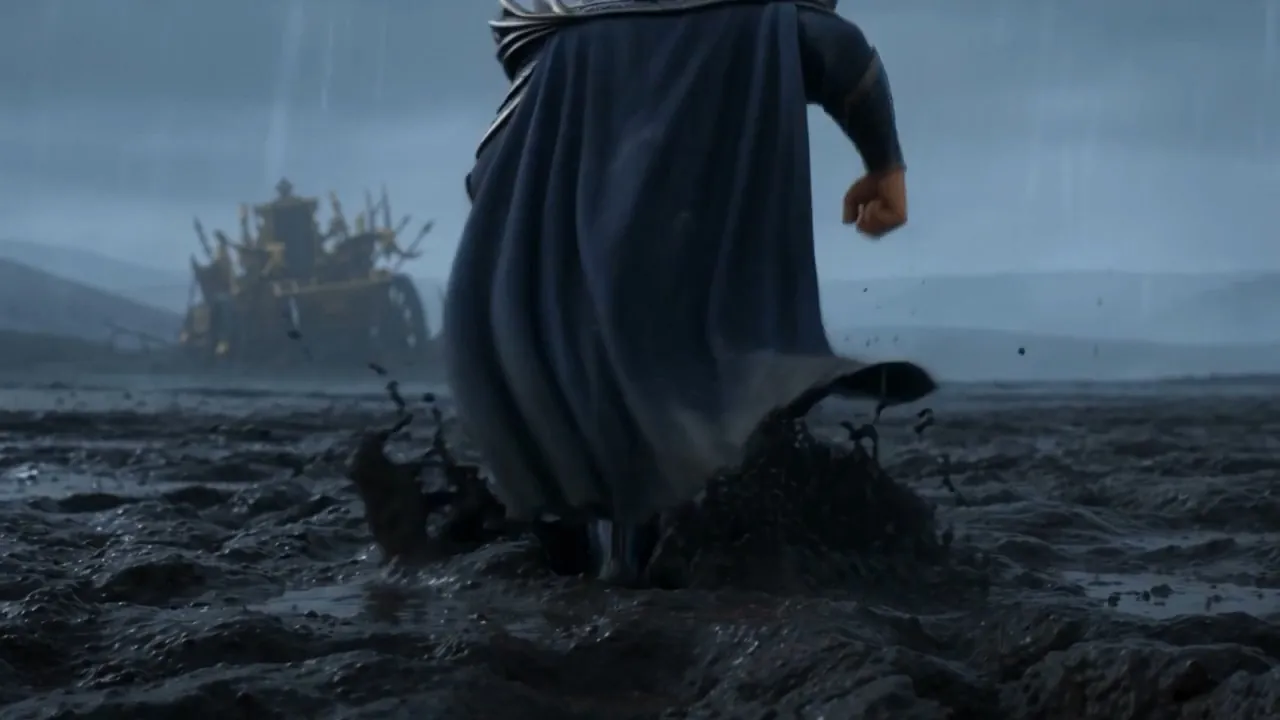 A cloaked figure running across an empty field