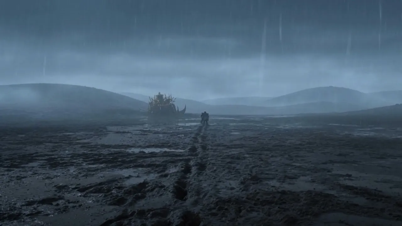 One man alone on a plain full of wreckage