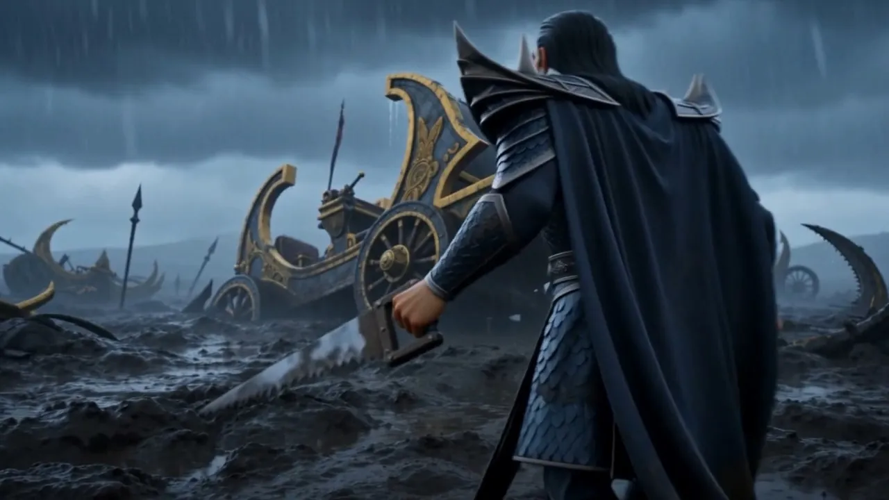 He steps down off the chariot into the mud