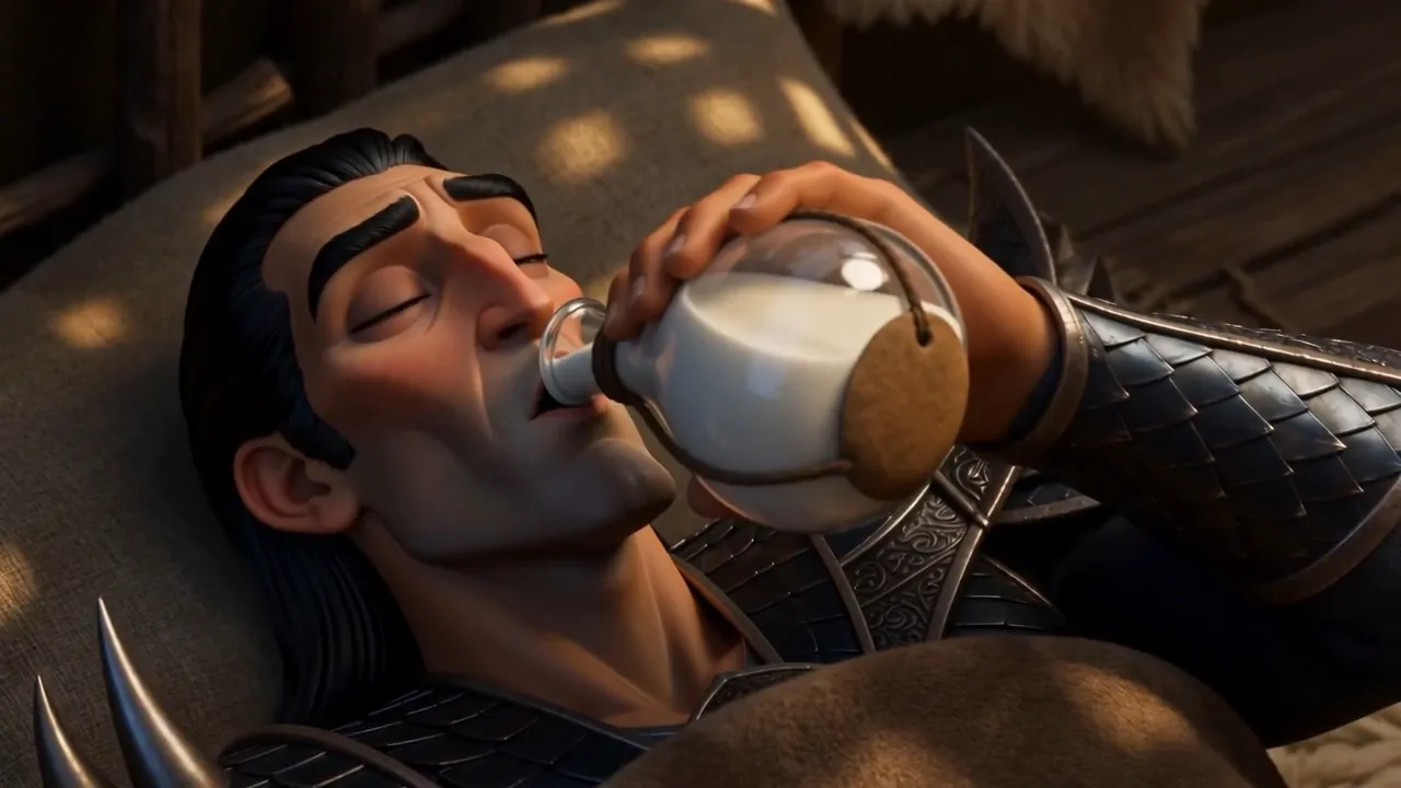 He drinks from a skin of milk