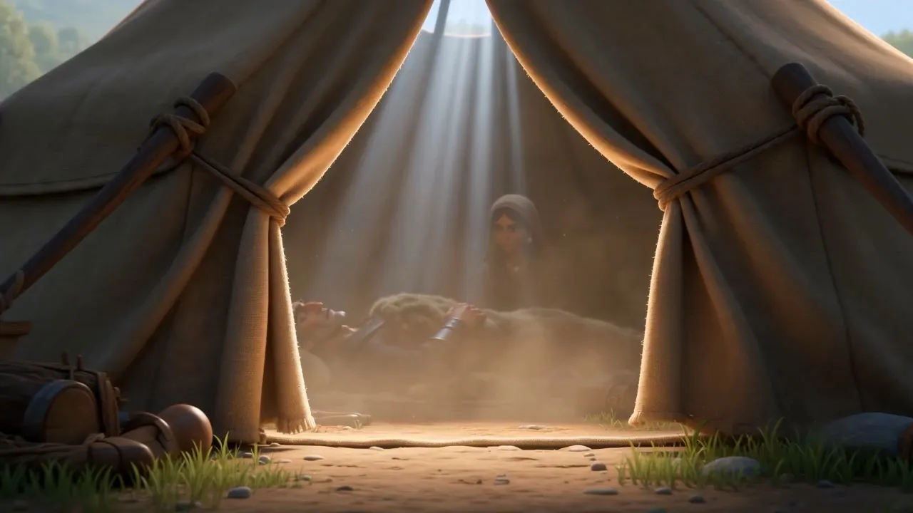 The inside of the tent, still and lit in bars