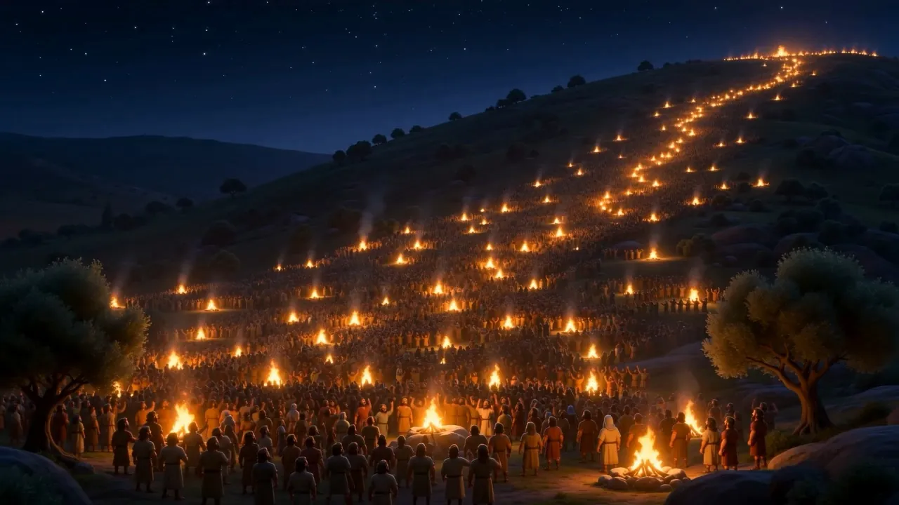 Torches coming up every path on the hillside