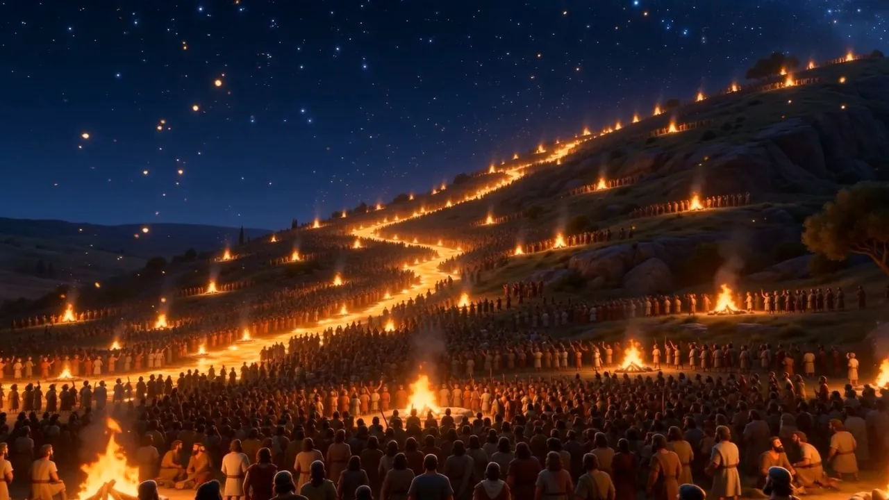 Torchlit crowds covering the hillsides at night