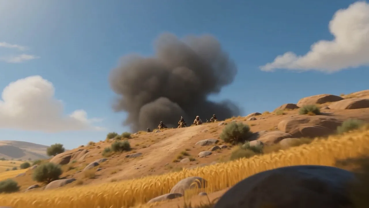 Smoke rising over a hill above the standing wheat