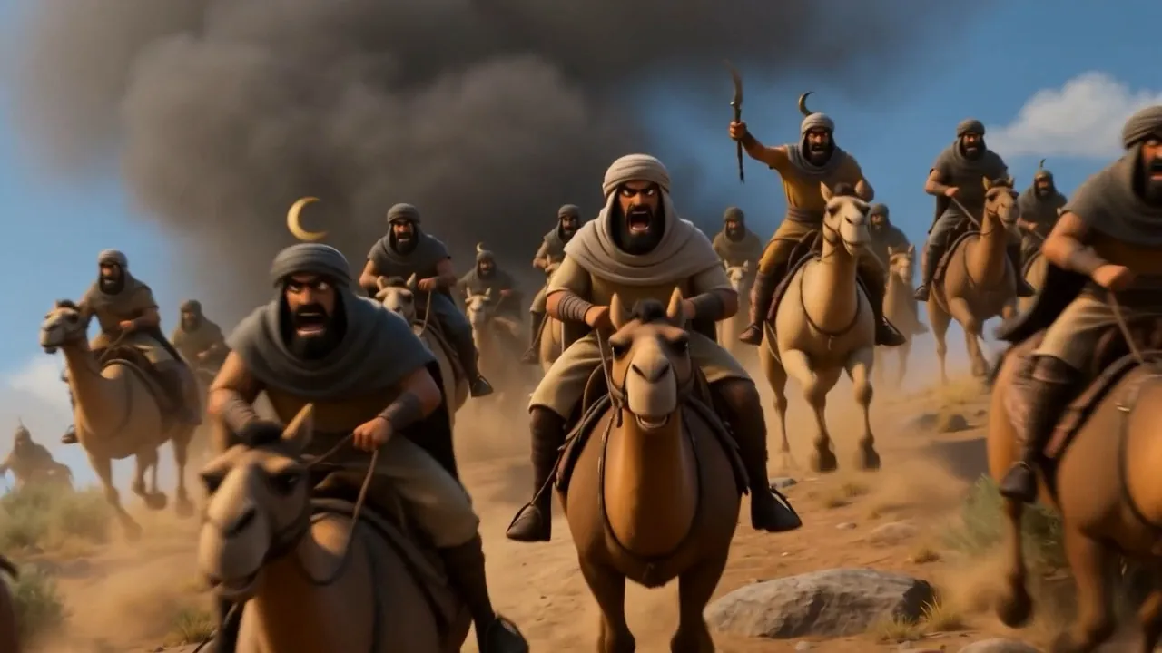 Raiders on camels come over the ridge at speed