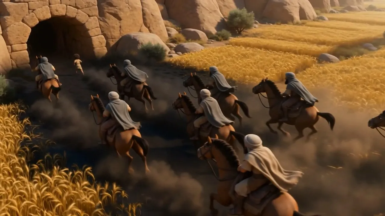 The riders sweep past, dust hanging behind them