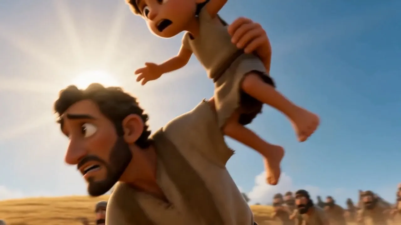 A father runs carrying his child over his shoulder