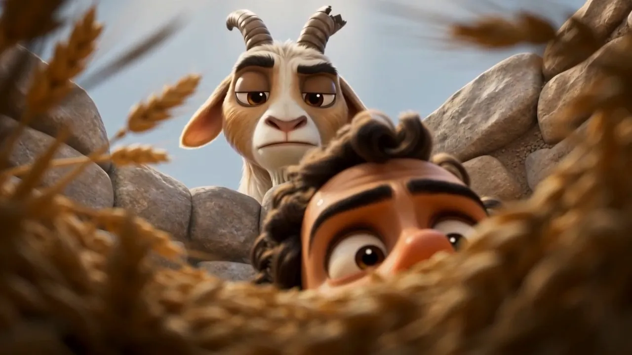 A goat leans over the wall and stares down at him