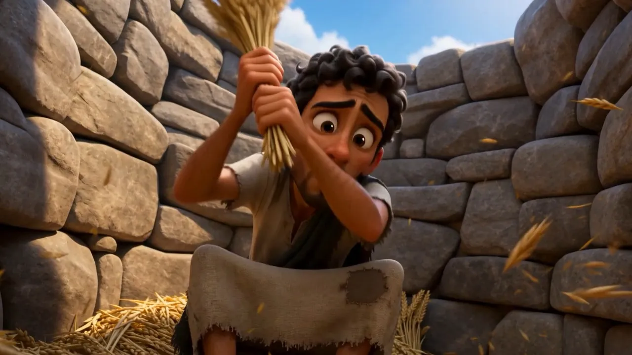 He beats the grain with a stick inside the pit