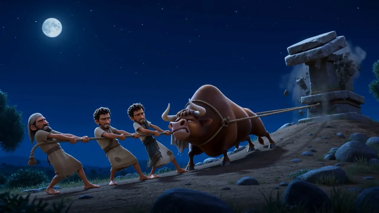 The team drags at the stones under moonlight