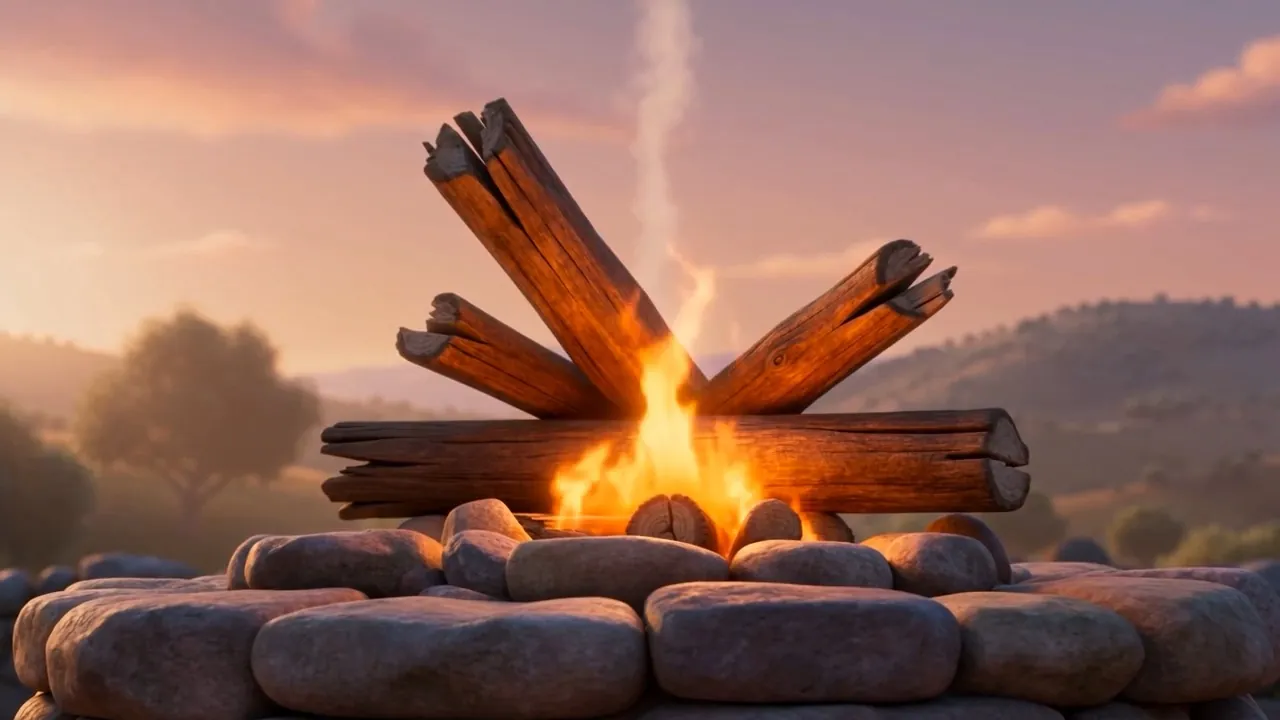 A new fire burning on a rough stone altar at dawn
