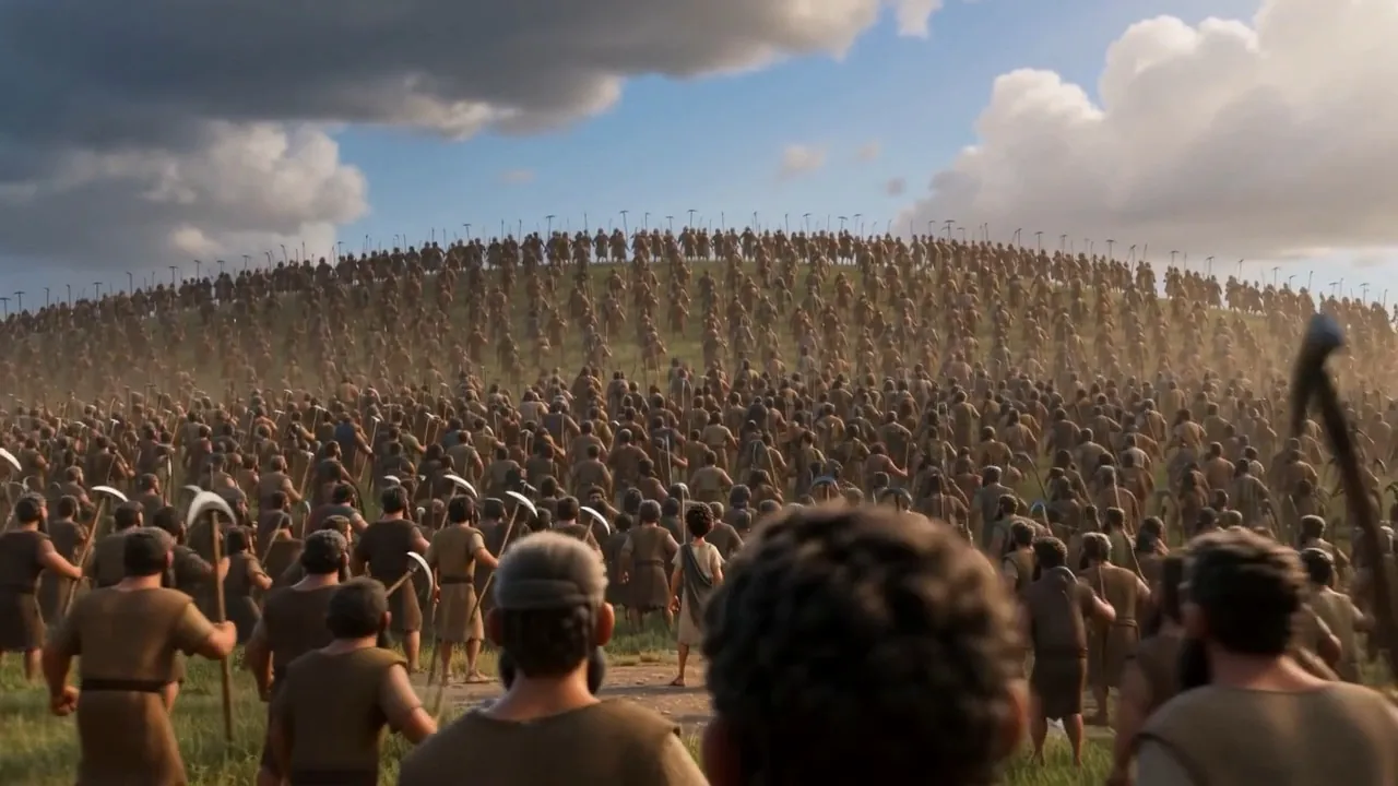 Gideon seen from behind, facing the ranks