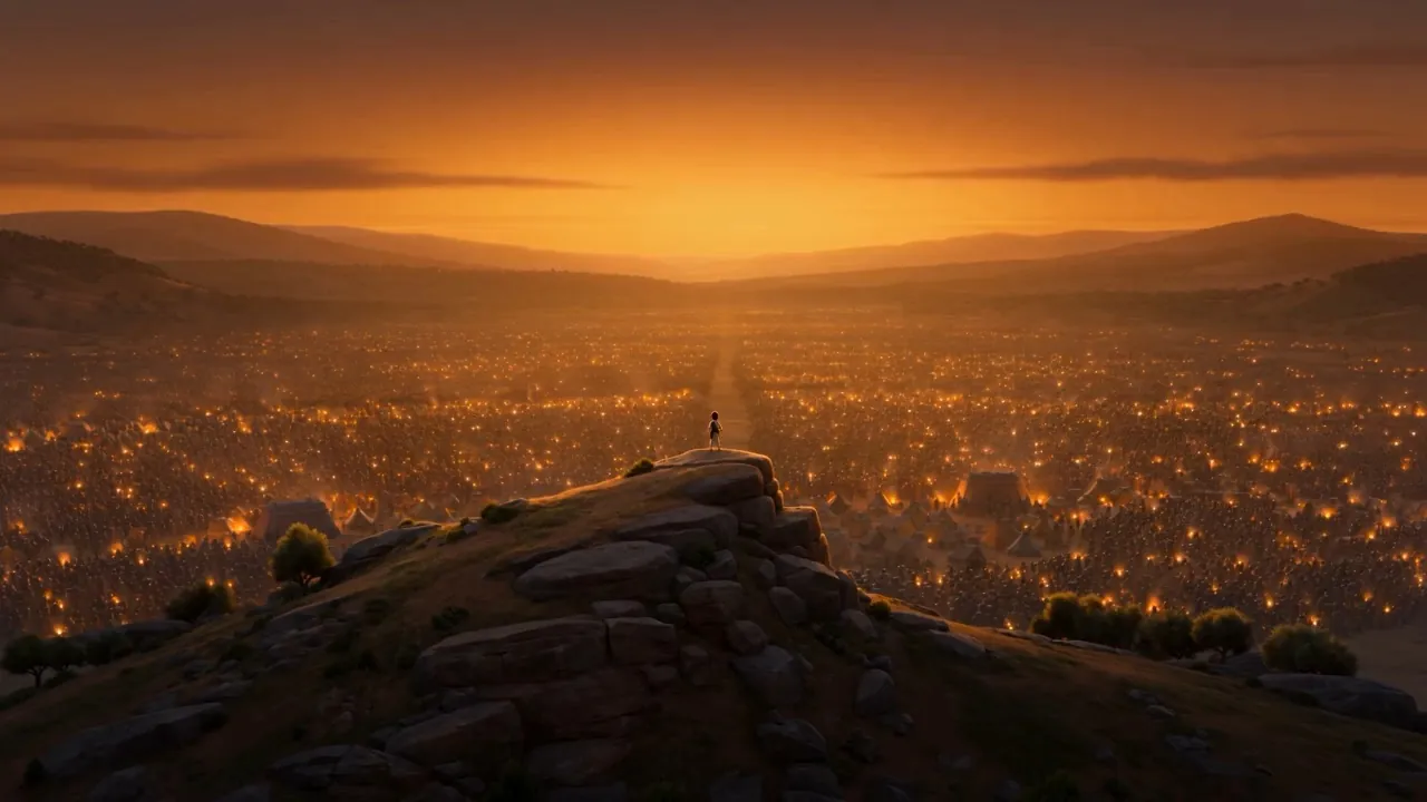 Dusk over the valley, campfires beginning to light